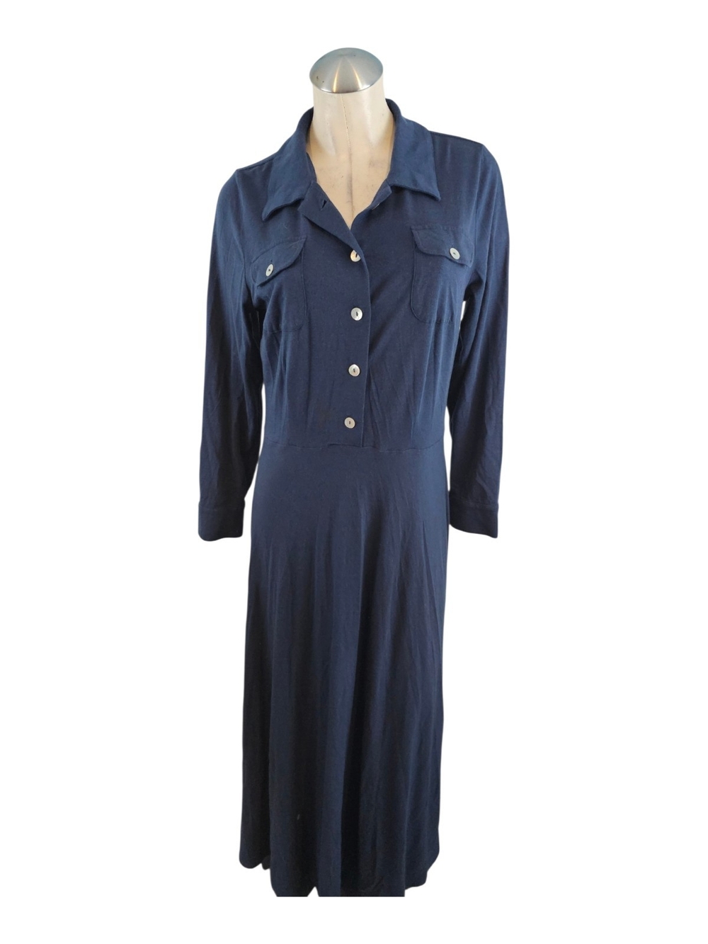 Soft Surroundings Size PM Long Sleeve Navy Button-Front Maxi Dress